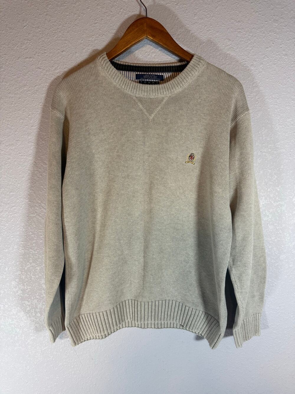 Tommy Hilfiger Mens Large Gray Cotton Crewneck Sweater Embroidered Crest